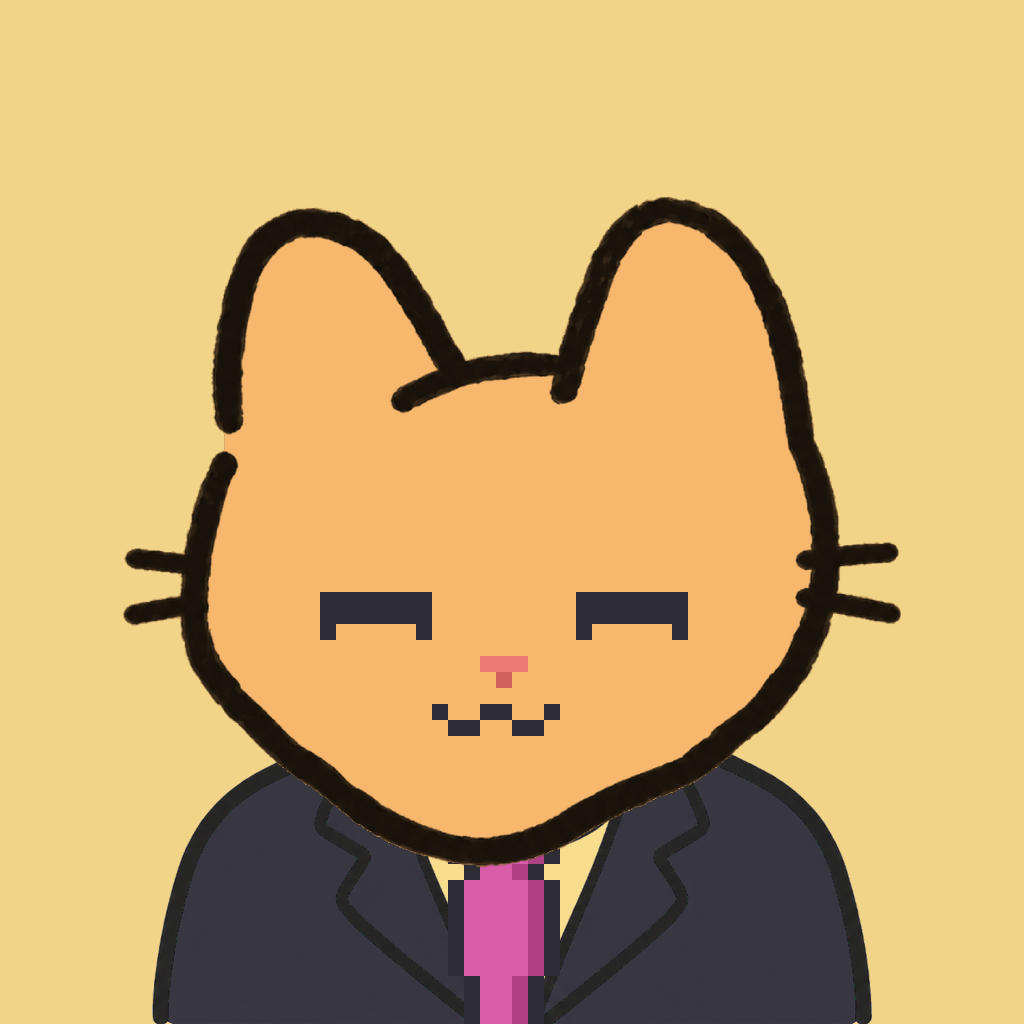 Employee #1940 — a tabby cat, in a black suit, with a magenta tie, on butter