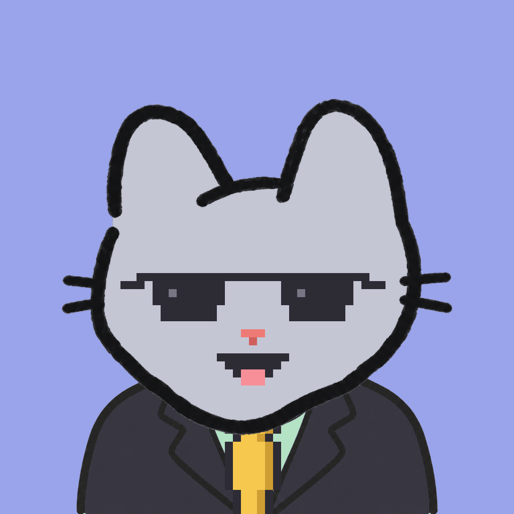 Employee #1941 — a gray cat, in a black suit, with a gold tie, wearing shades glasses, on periwinkle