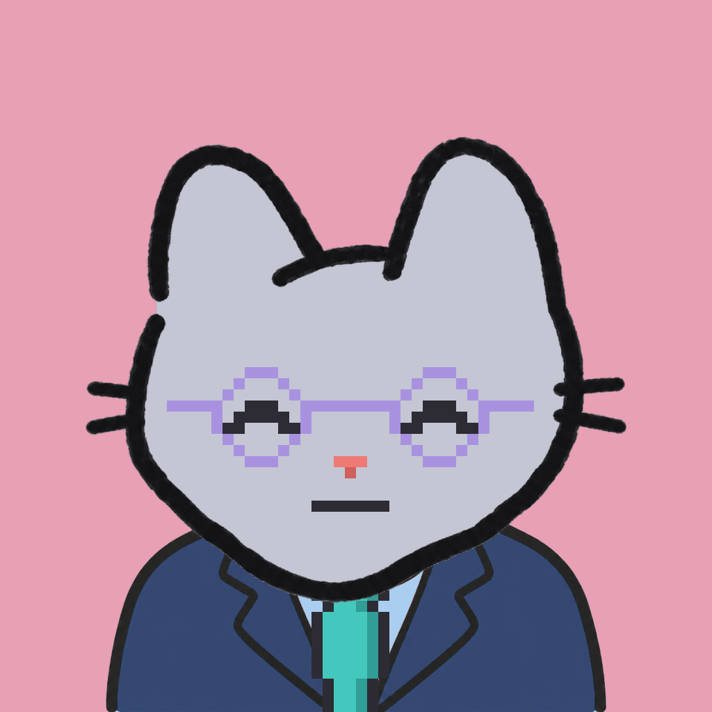 Employee #1942 — a gray cat, in a navy suit, with a teal tie, wearing round-lavender glasses, on rose