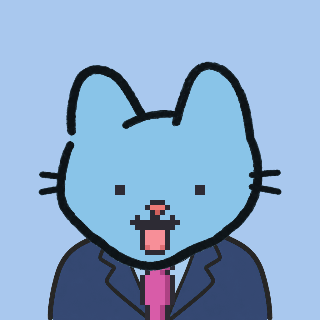 Employee #1943 — a sky cat, in a navy suit, with a magenta tie, on sky