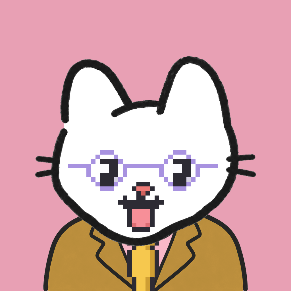 Employee #1944 — a white cat, in a mustard suit, with a gold tie, wearing round-lavender glasses, on rose