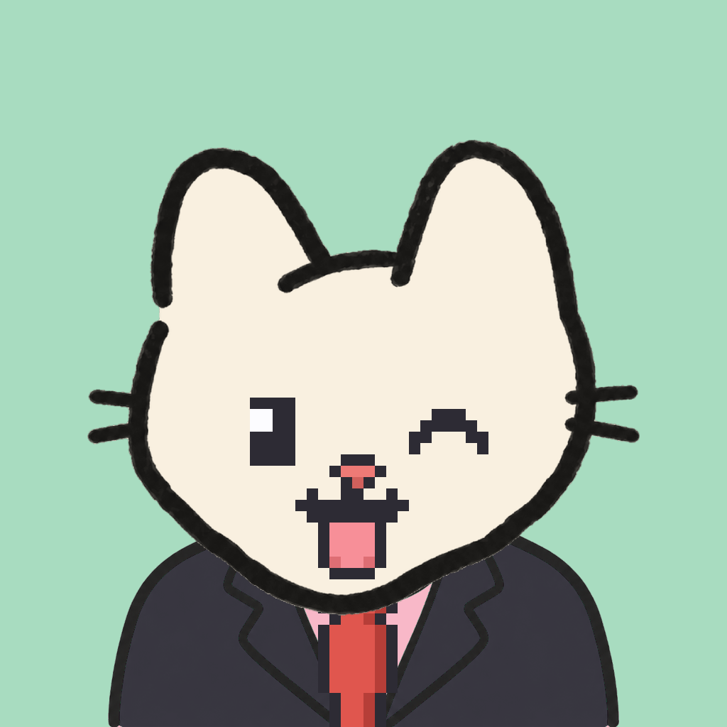 Employee #1945 — a cream cat, in a black suit, with a red tie, on mint