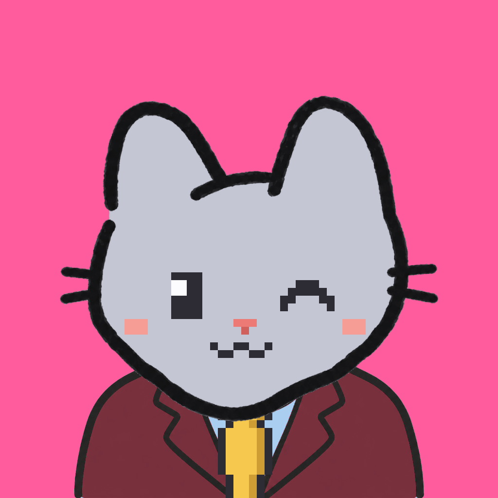 Employee #1946 — a gray cat, in a burgundy suit, with a gold tie, on hot pink