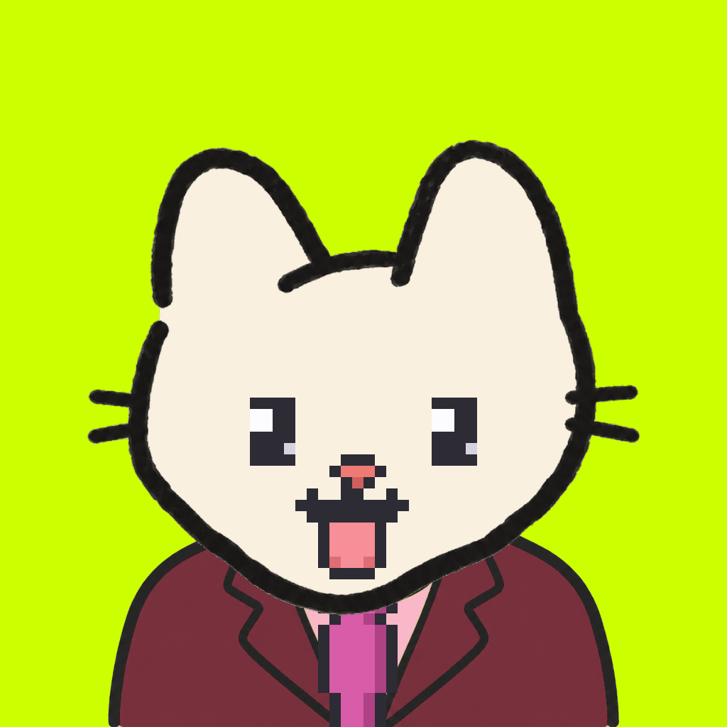 Employee #1947 — a cream cat, in a burgundy suit, with a magenta tie, on volt