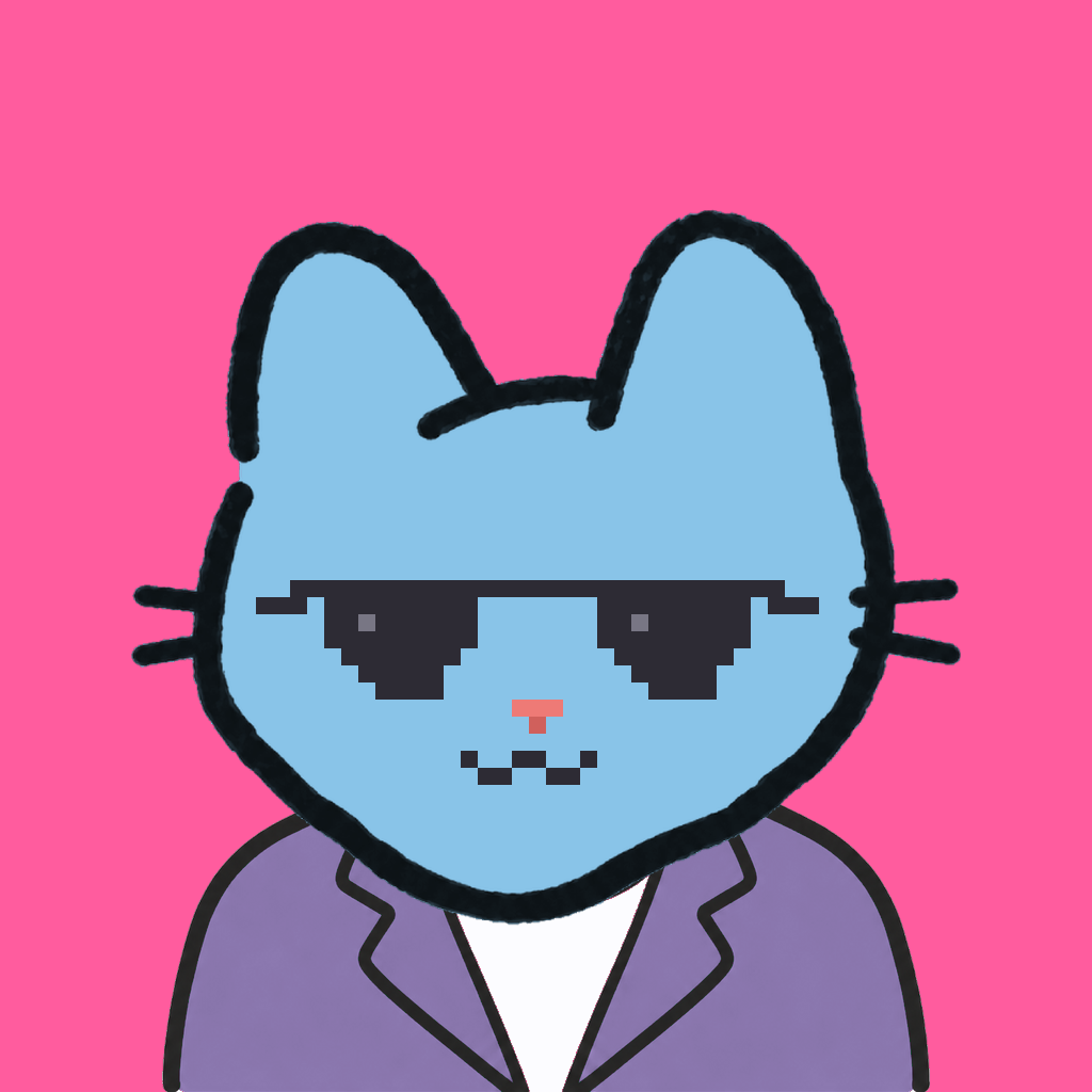 Employee #1948 — a sky cat, in a lavender suit, wearing shades glasses, on hot pink