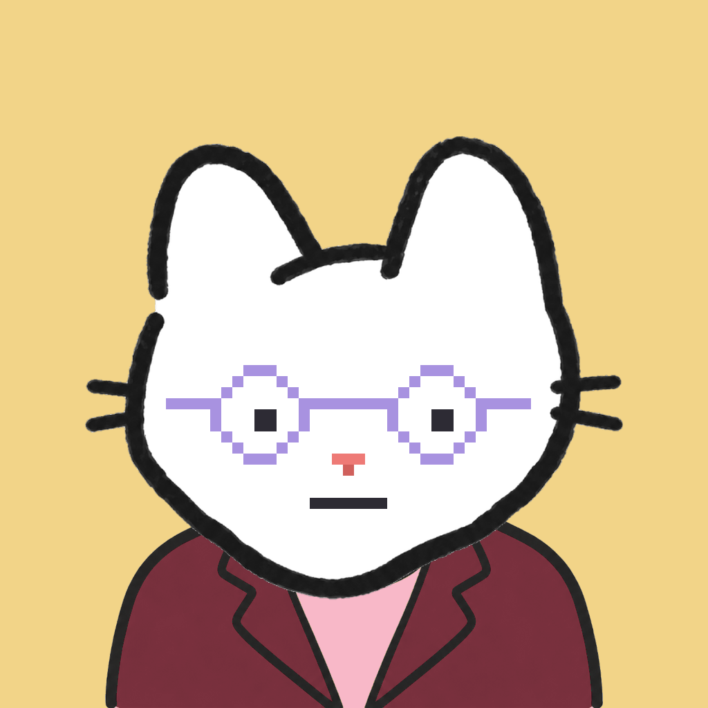 Employee #1949 — a white cat, in a burgundy suit, wearing round-lavender glasses, on butter