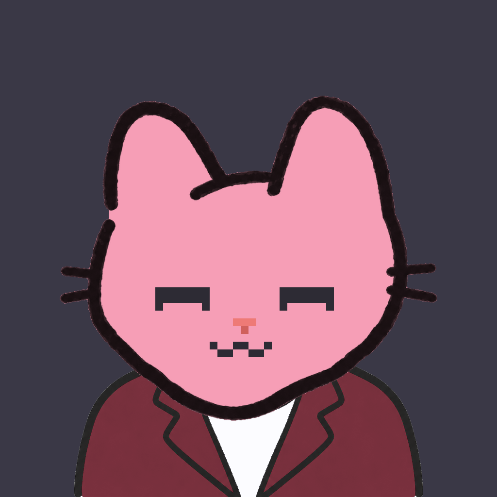 Employee #0195 — a pink cat, in a burgundy suit, on charcoal