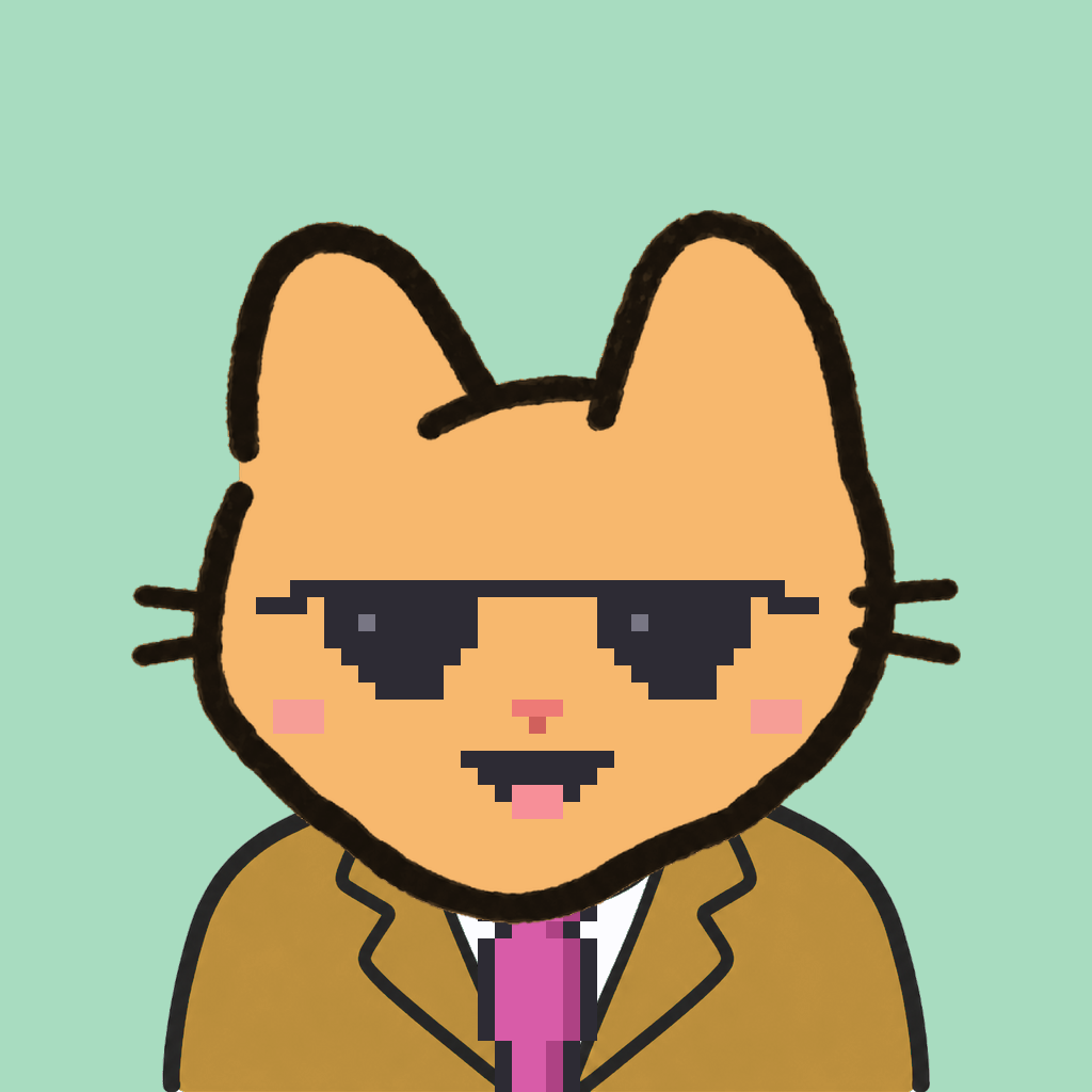 Employee #1950 — a tabby cat, in a mustard suit, with a magenta tie, wearing shades glasses, on mint