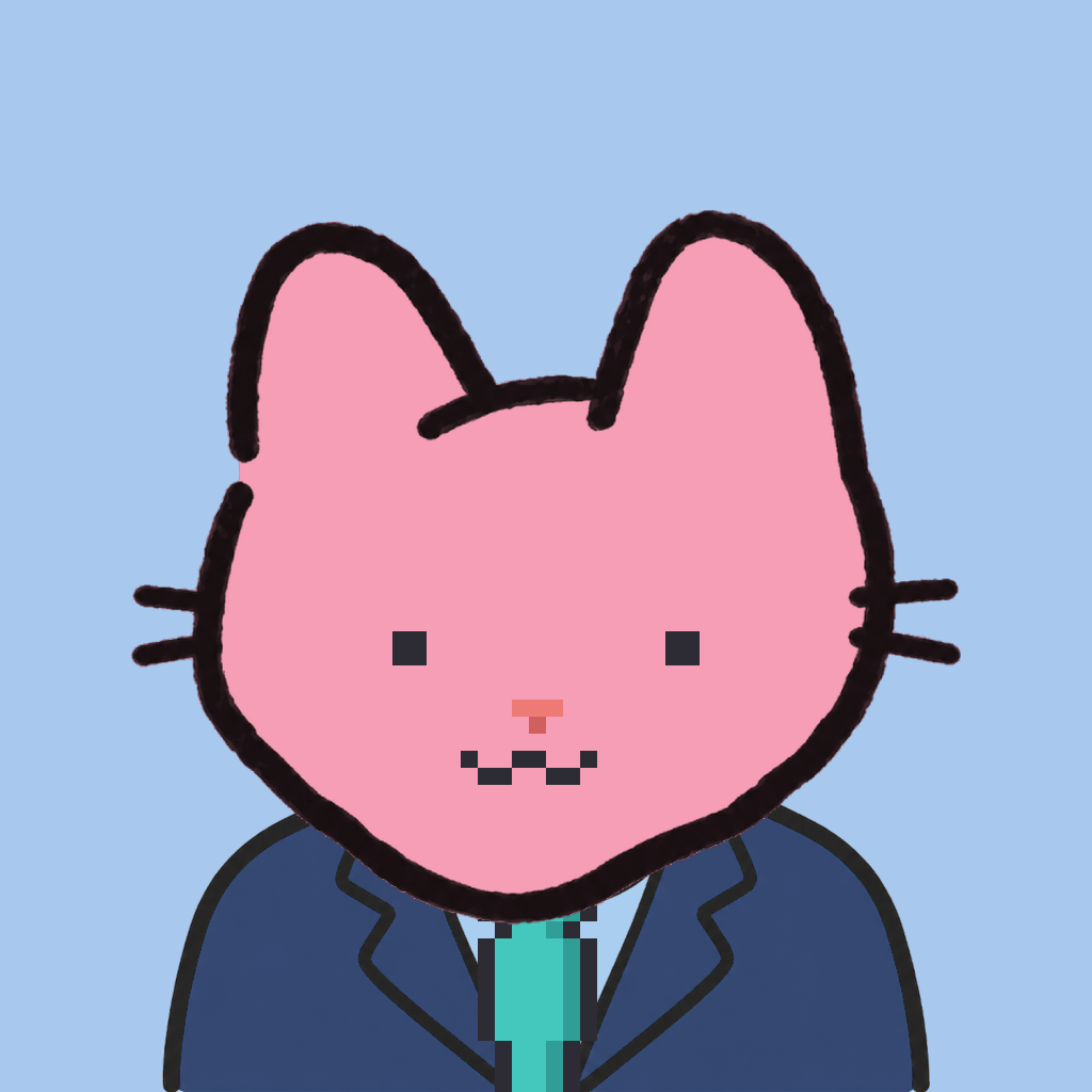 Employee #1951 — a pink cat, in a navy suit, with a teal tie, on sky