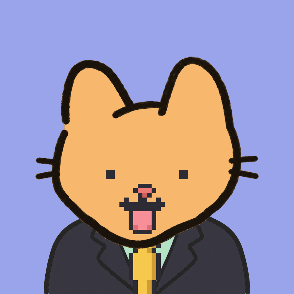Employee #1952 — a tabby cat, in a black suit, with a gold tie, on periwinkle