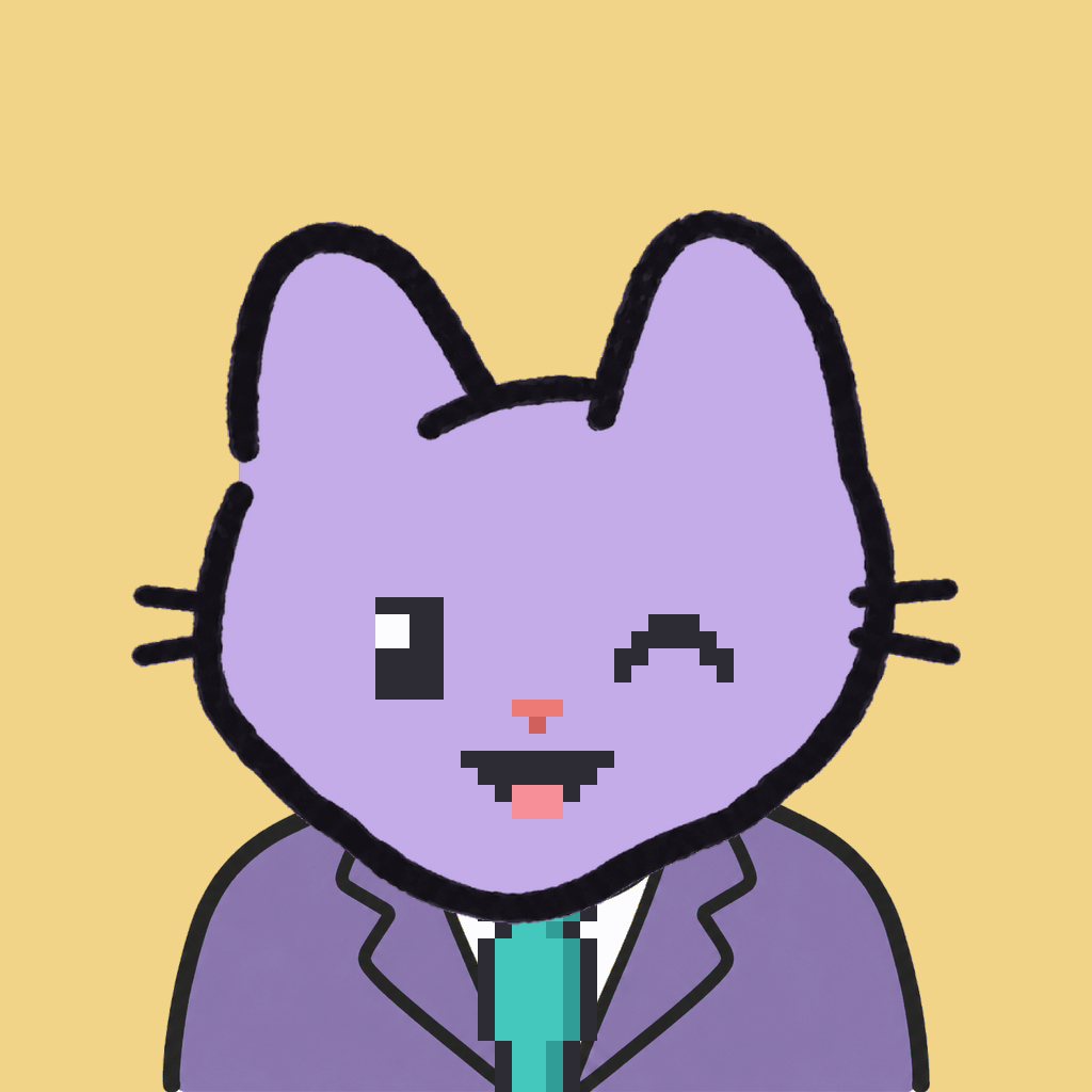 Employee #1953 — a lavender cat, in a lavender suit, with a teal tie, on butter