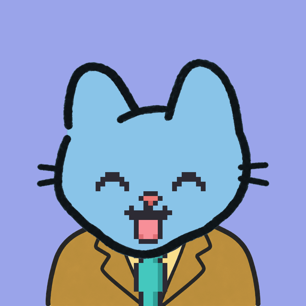 Employee #1954 — a sky cat, in a mustard suit, with a teal tie, on periwinkle