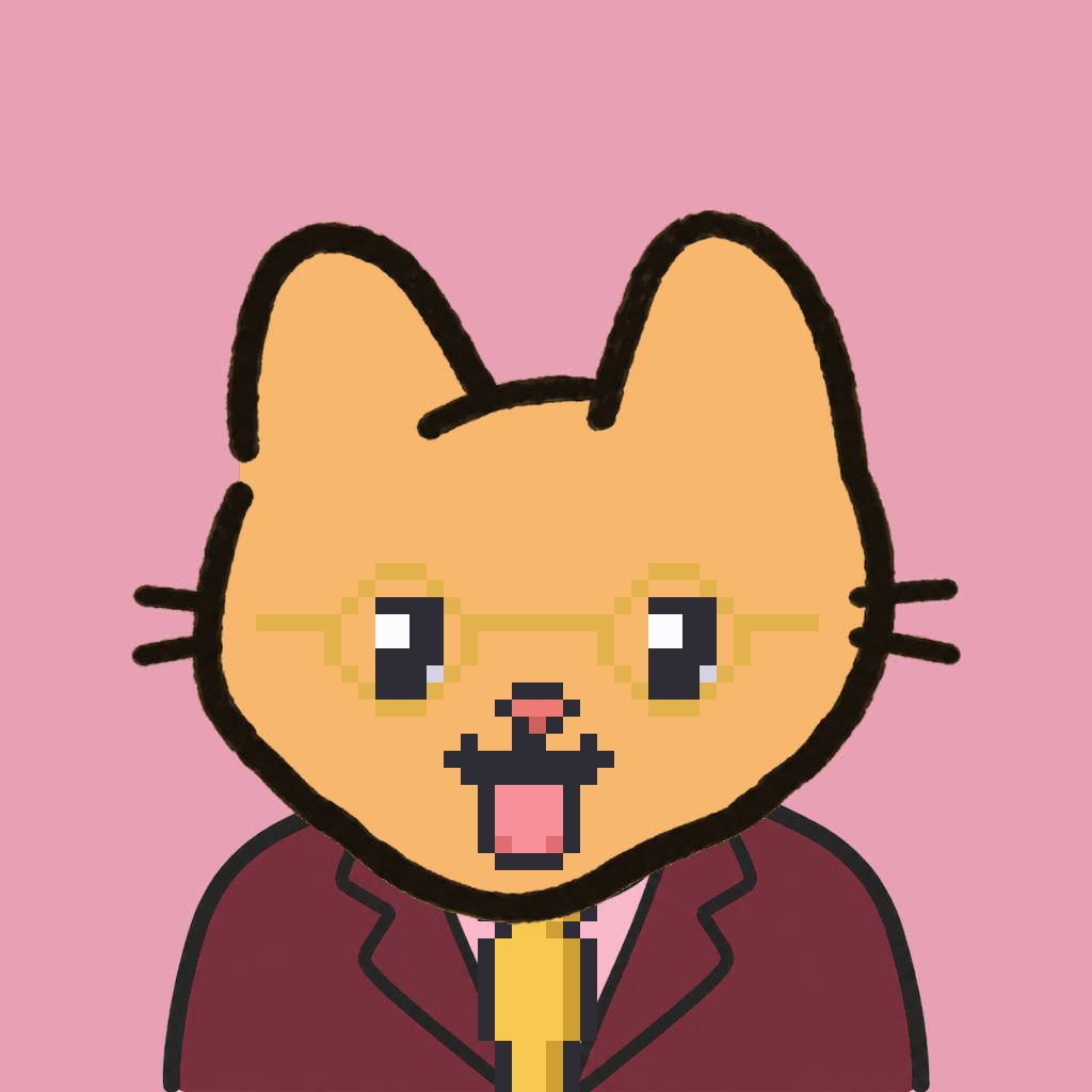 Employee #1955 — a tabby cat, in a burgundy suit, with a gold tie, wearing round-gold glasses, on rose