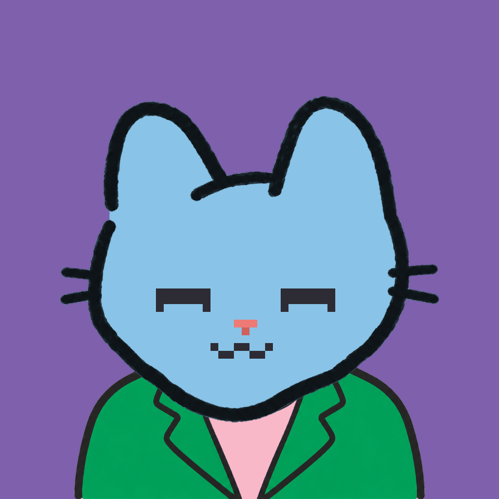 Employee #1956 — a sky cat, in a green suit, on plasma violet