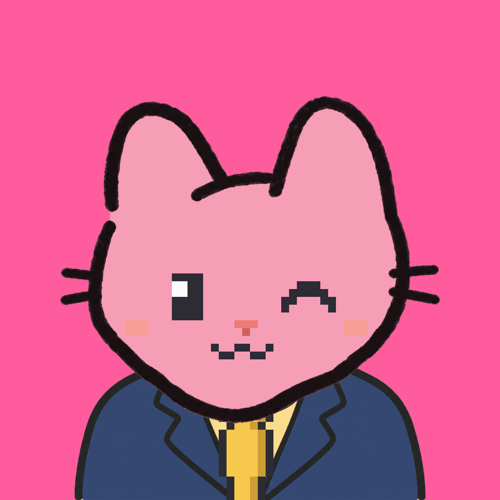 Employee #1957 — a pink cat, in a navy suit, with a gold tie, on hot pink