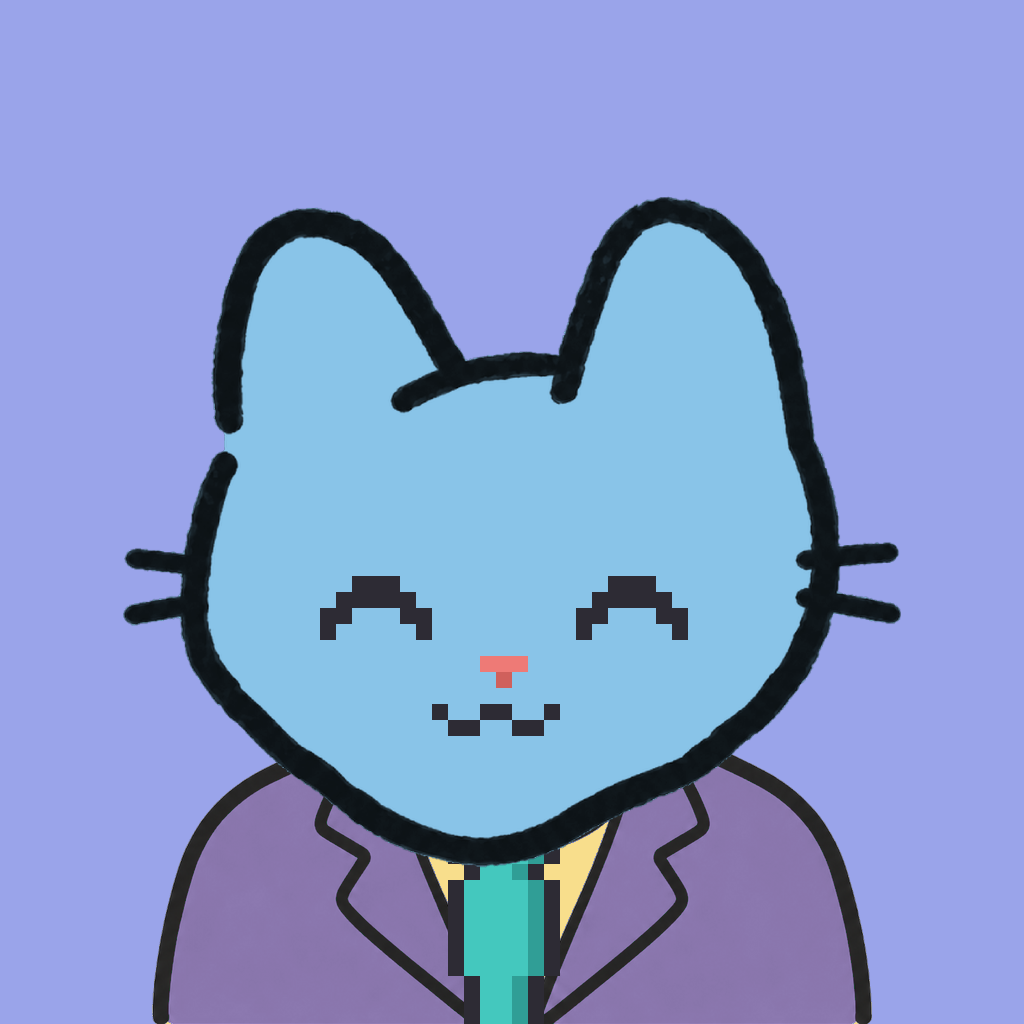 Employee #1958 — a sky cat, in a lavender suit, with a teal tie, on periwinkle