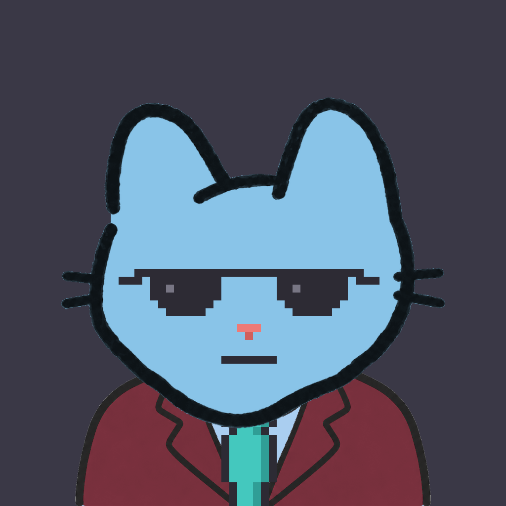 Employee #1959 — a sky cat, in a burgundy suit, with a teal tie, wearing shades glasses, on charcoal