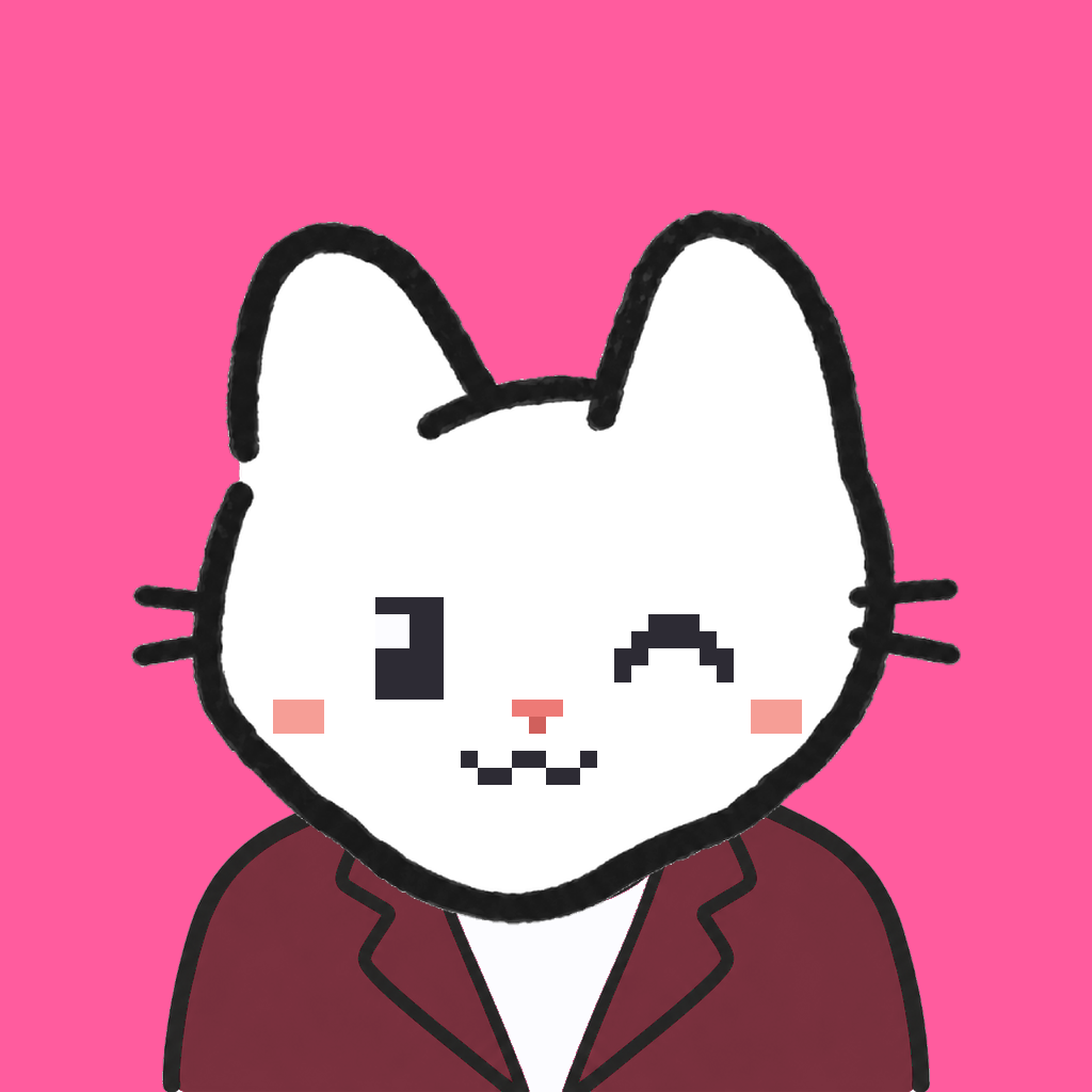 Employee #0196 — a white cat, in a burgundy suit, on hot pink