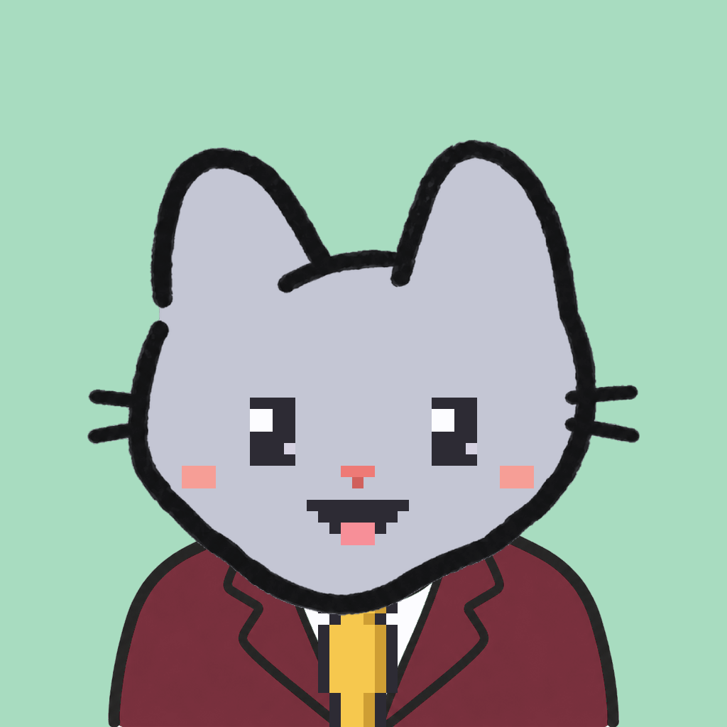Employee #1960 — a gray cat, in a burgundy suit, with a gold tie, on mint
