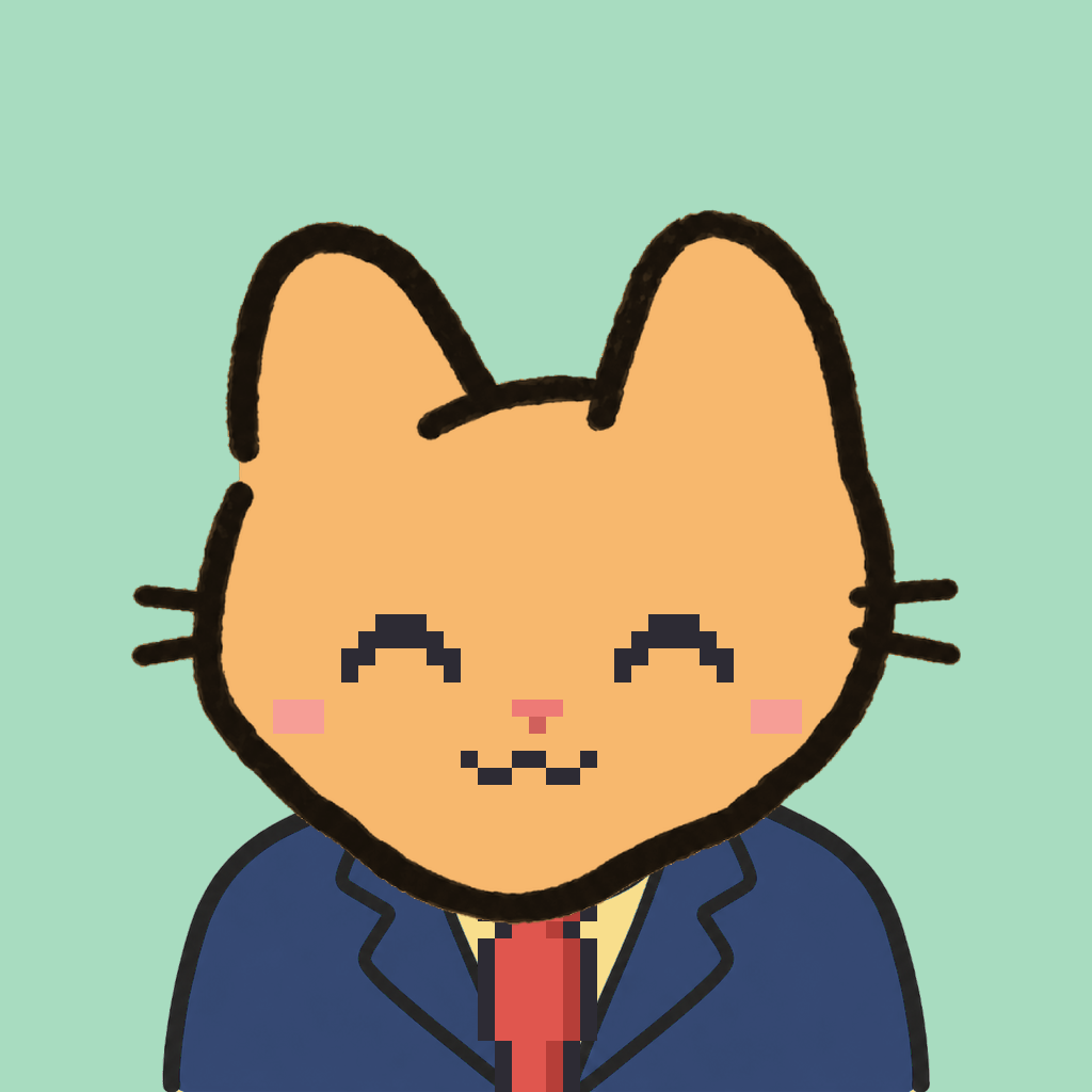 Employee #1963 — a tabby cat, in a navy suit, with a red tie, on mint