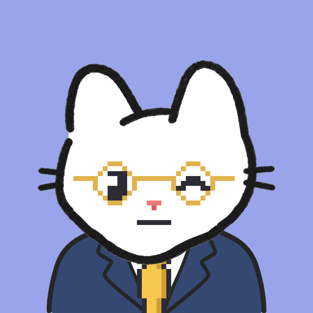 Employee #1964 — a white cat, in a navy suit, with a gold tie, wearing round-gold glasses, on periwinkle