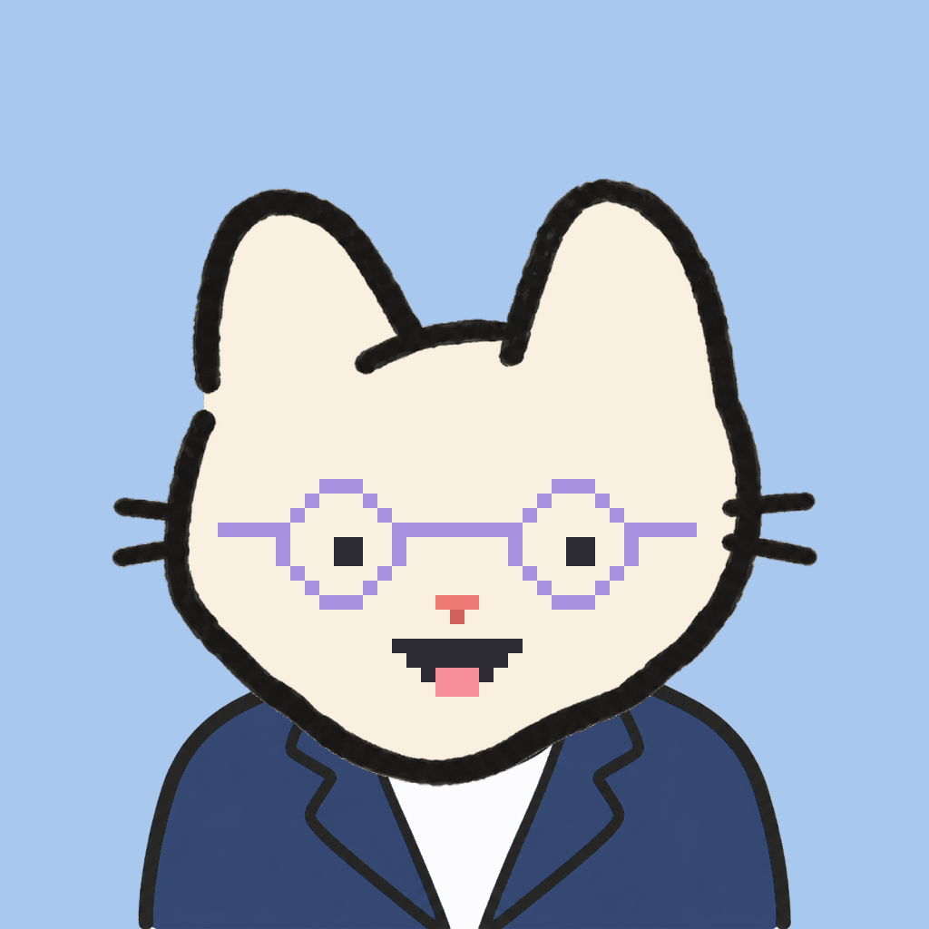 Employee #1965 — a cream cat, in a navy suit, wearing round-lavender glasses, on sky