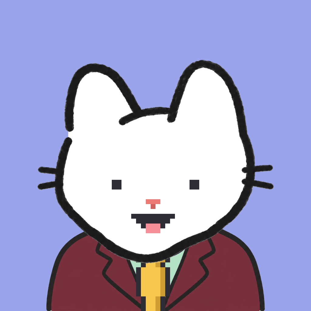 Employee #1966 — a white cat, in a burgundy suit, with a gold tie, on periwinkle