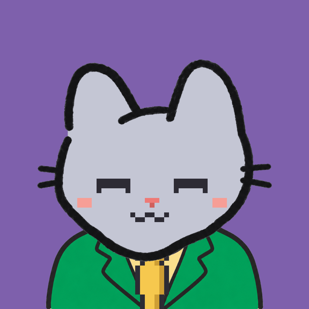 Employee #1967 — a gray cat, in a green suit, with a gold tie, on plasma violet