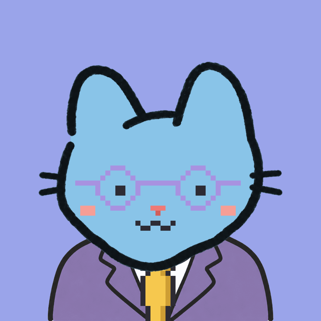 Employee #1968 — a sky cat, in a lavender suit, with a gold tie, wearing round-lavender glasses, on periwinkle