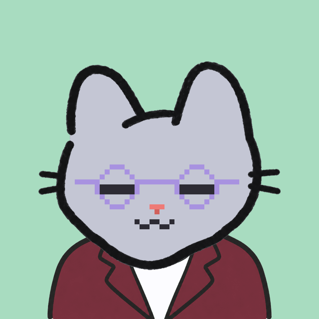 Employee #1969 — a gray cat, in a burgundy suit, wearing round-lavender glasses, on mint