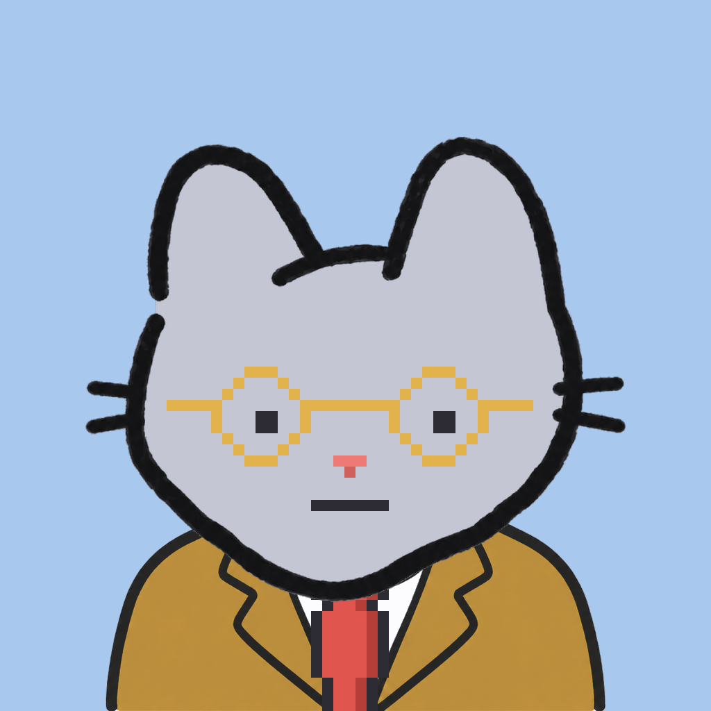 Employee #0197 — a gray cat, in a mustard suit, with a red tie, wearing round-gold glasses, on sky
