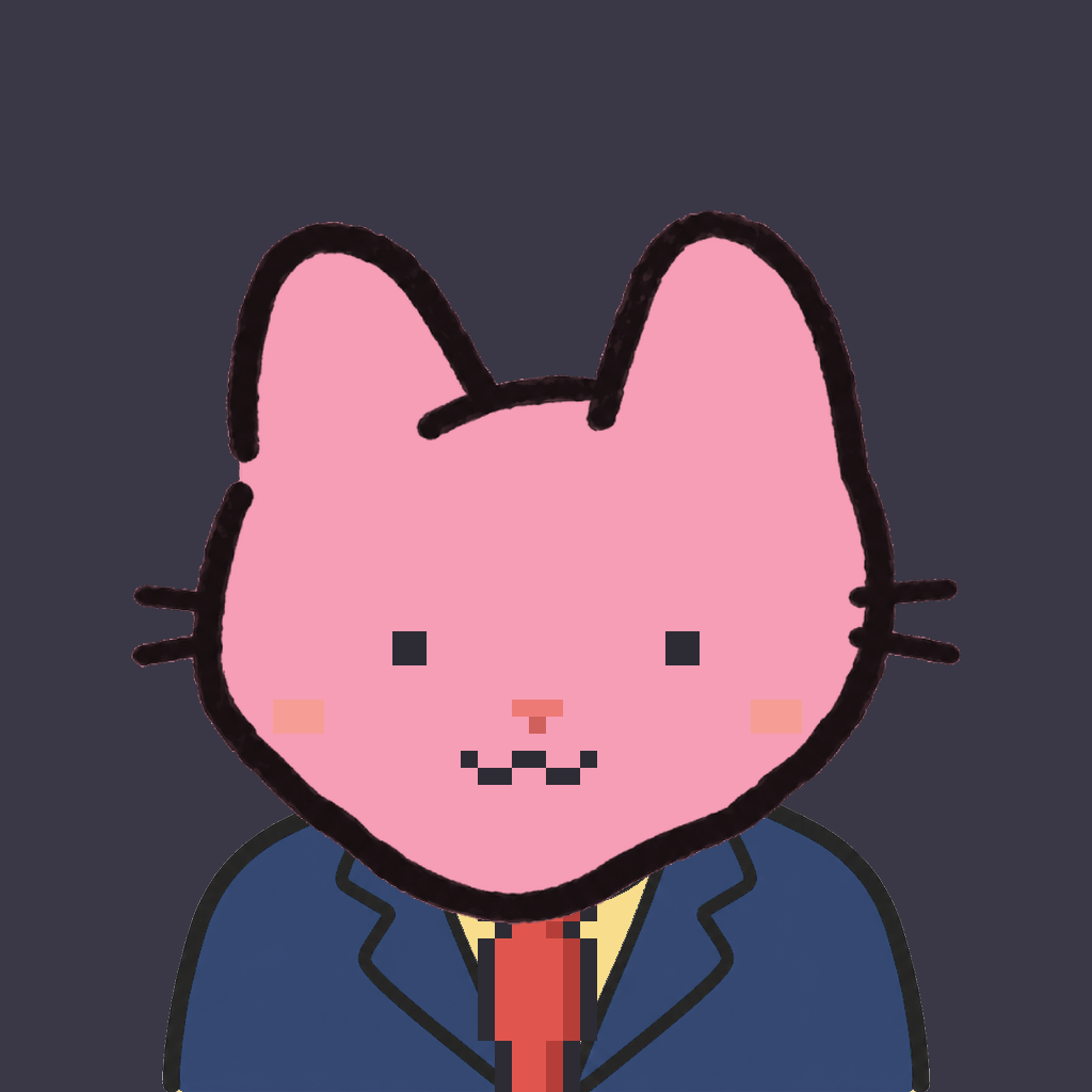 Employee #1970 — a pink cat, in a navy suit, with a red tie, on charcoal