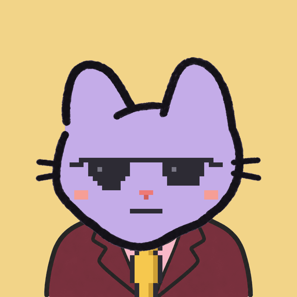 Employee #1971 — a lavender cat, in a burgundy suit, with a gold tie, wearing shades glasses, on butter