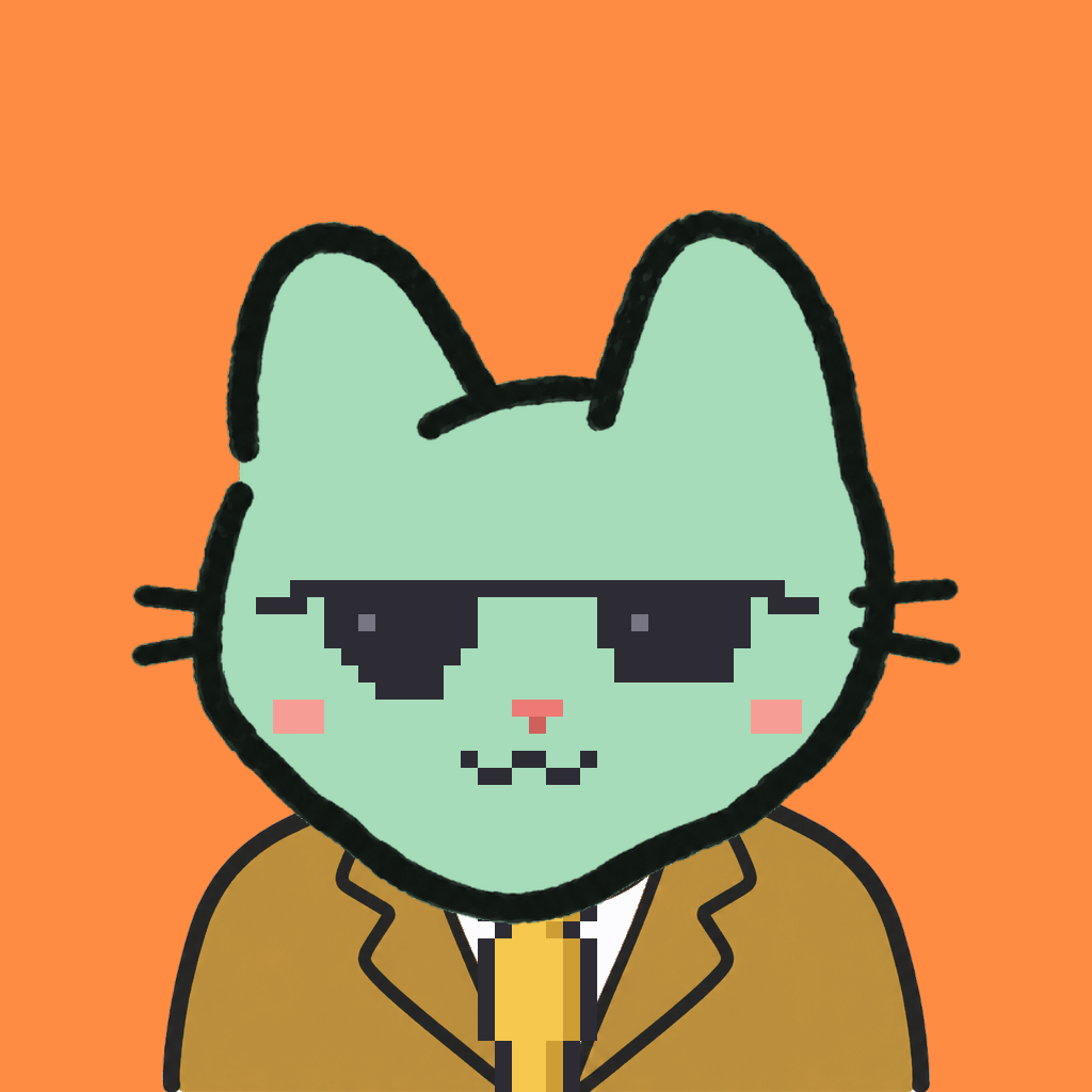 Employee #1972 — a mint cat, in a mustard suit, with a gold tie, wearing shades glasses, on tangerine