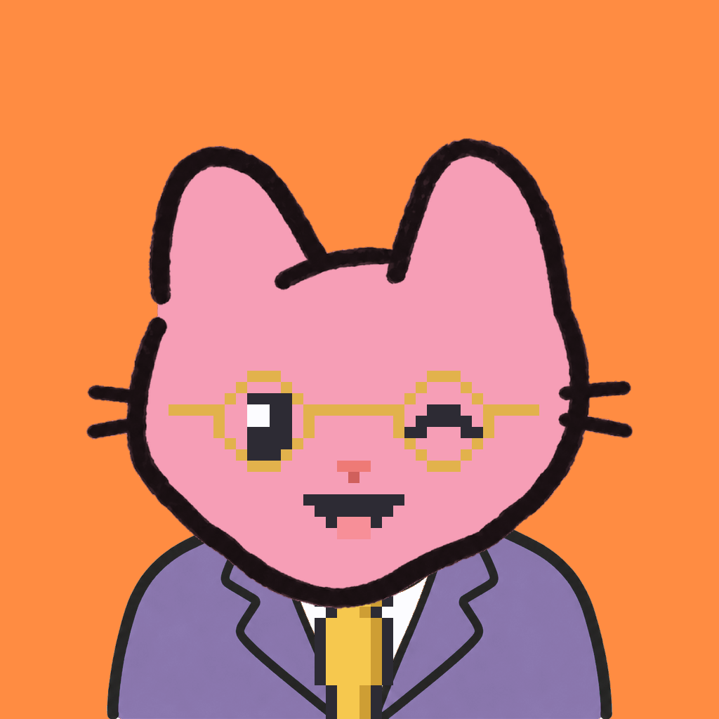 Employee #1973 — a pink cat, in a lavender suit, with a gold tie, wearing round-gold glasses, on tangerine