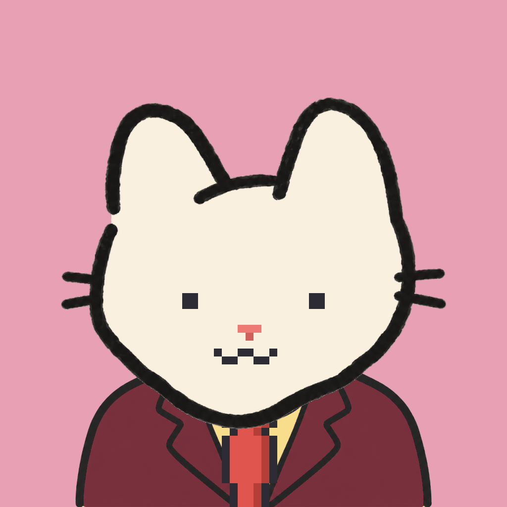 Employee #1974 — a cream cat, in a burgundy suit, with a red tie, on rose