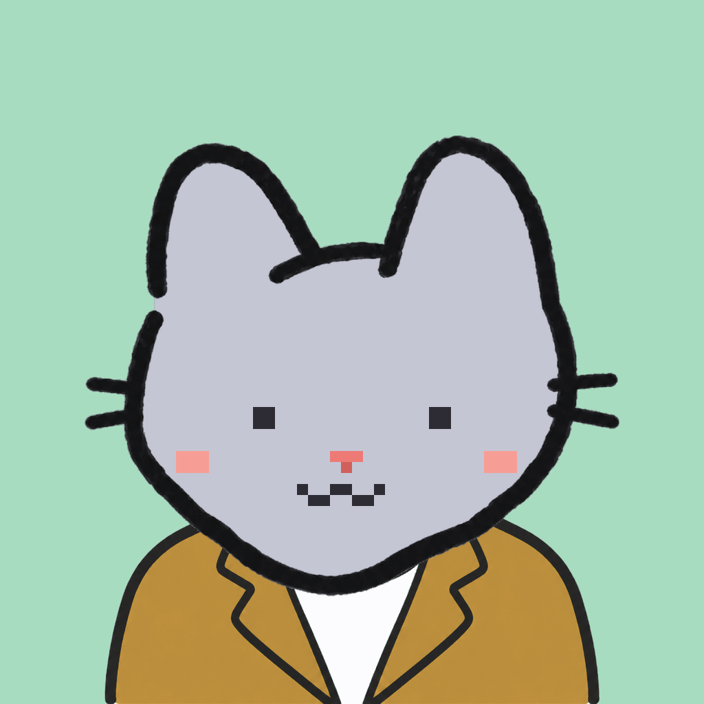 Employee #1975 — a gray cat, in a mustard suit, on mint