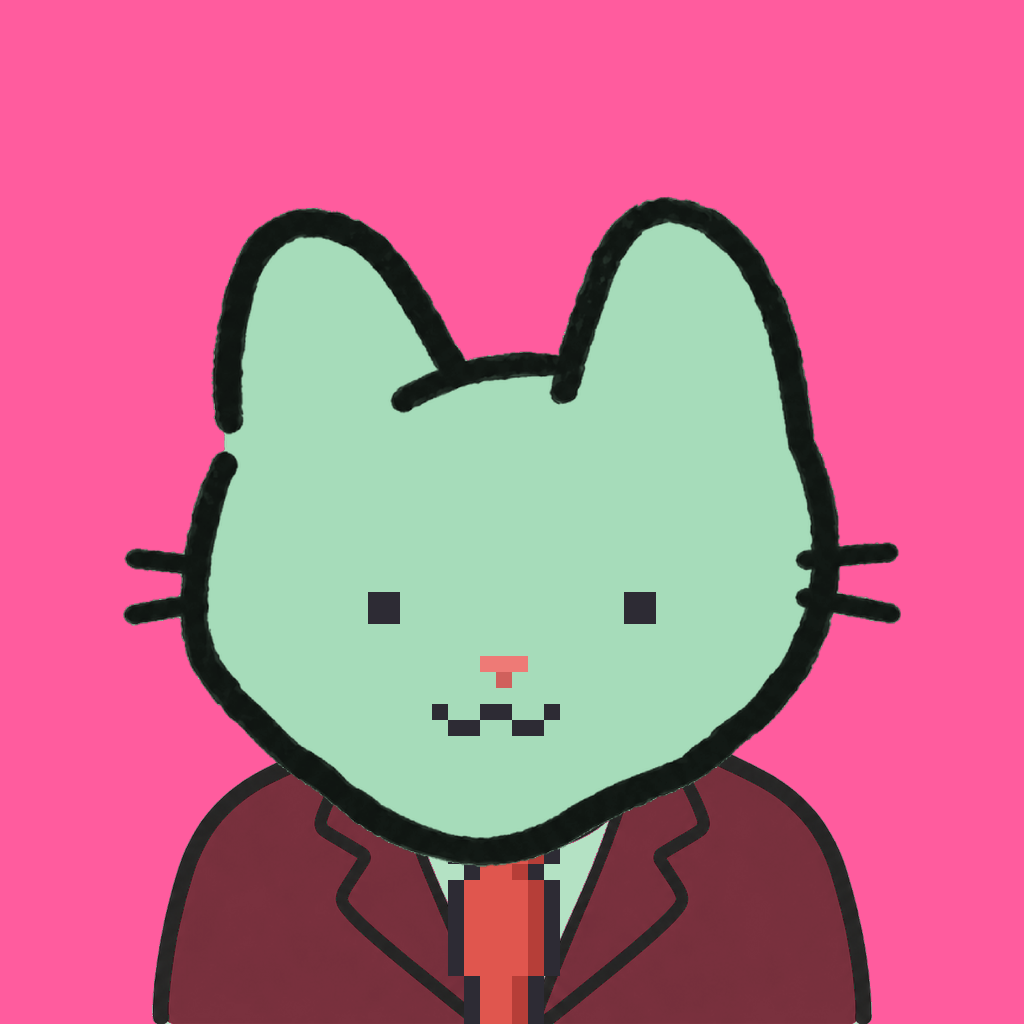 Employee #1976 — a mint cat, in a burgundy suit, with a red tie, on hot pink
