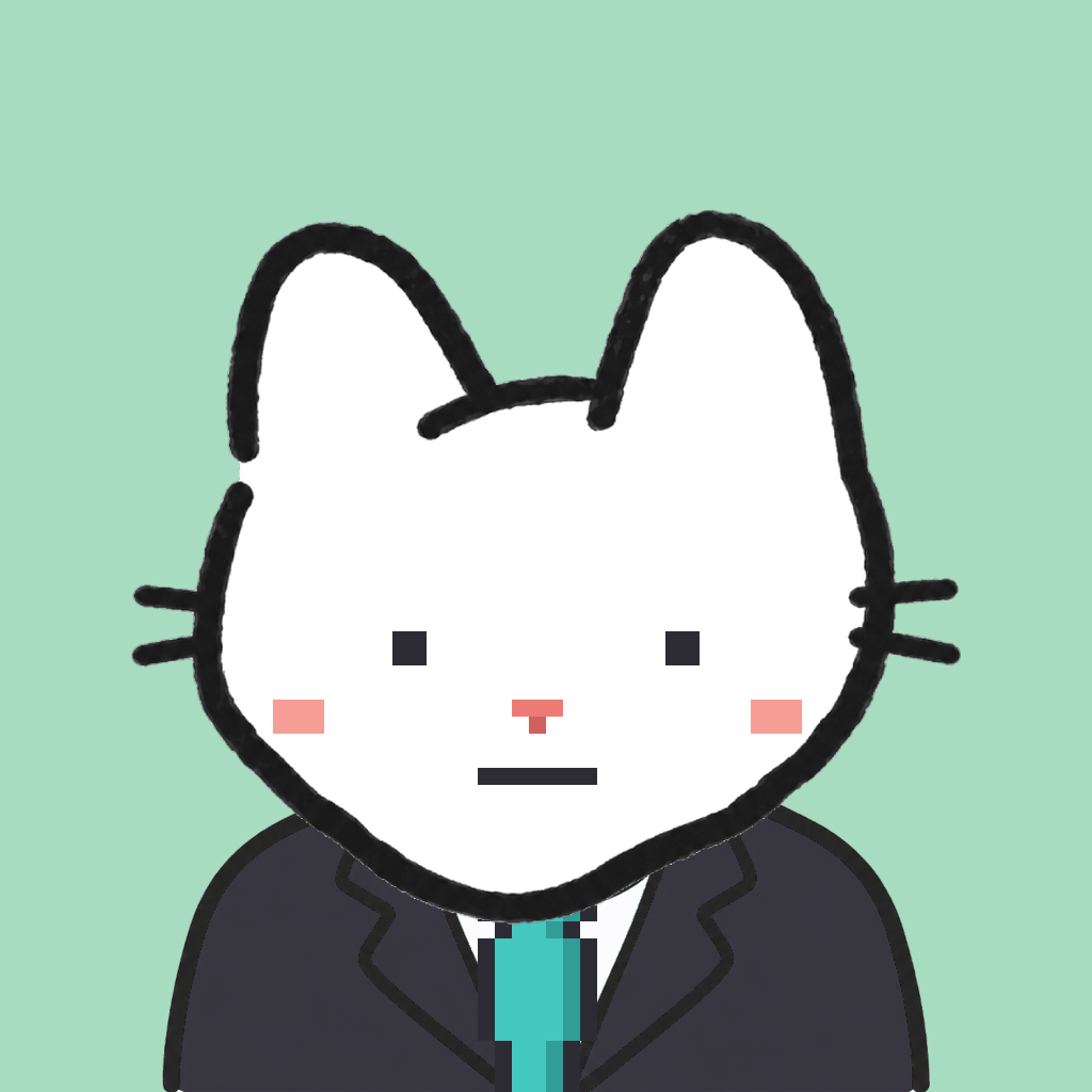 Employee #1977 — a white cat, in a black suit, with a teal tie, on mint