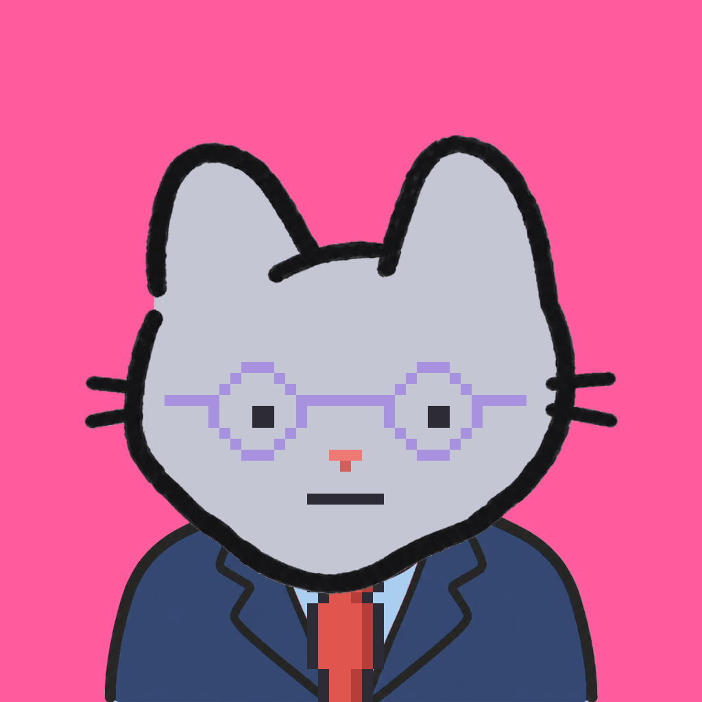Employee #1978 — a gray cat, in a navy suit, with a red tie, wearing round-lavender glasses, on hot pink