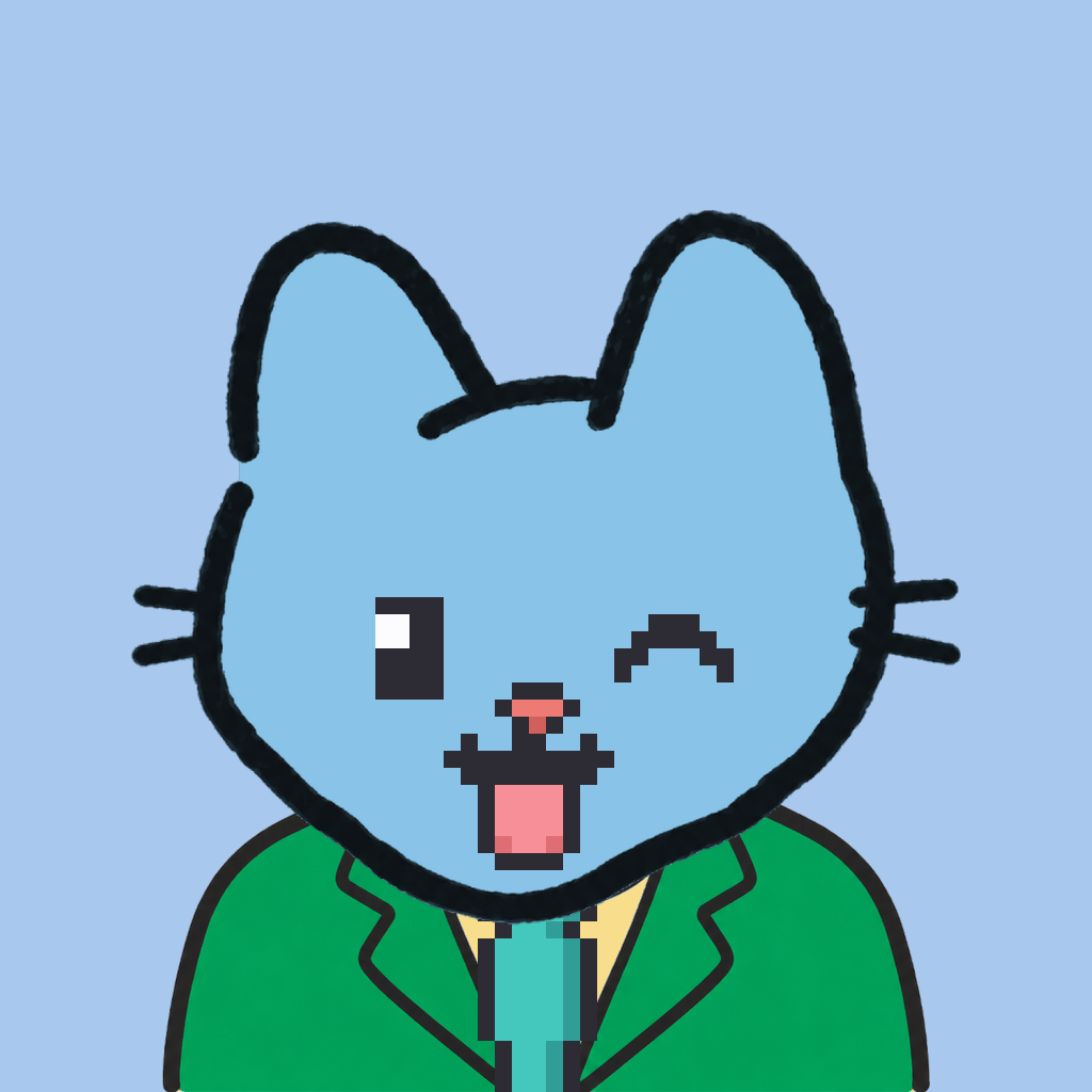 Employee #1979 — a sky cat, in a green suit, with a teal tie, on sky