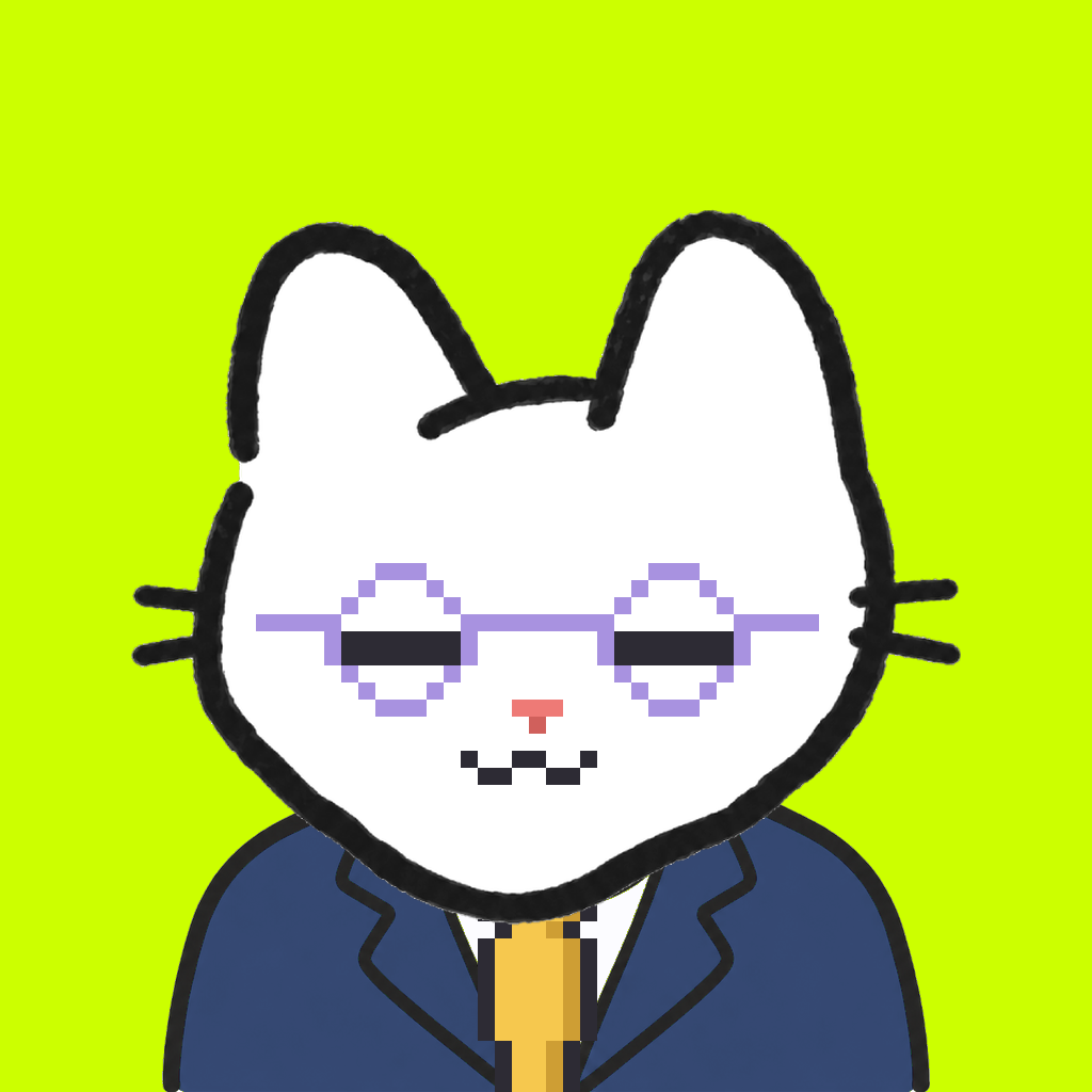 Employee #0198 — a white cat, in a navy suit, with a gold tie, wearing round-lavender glasses, on volt
