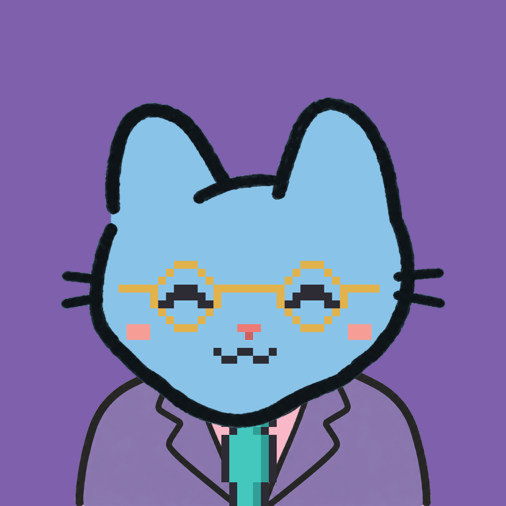 Employee #1980 — a sky cat, in a lavender suit, with a teal tie, wearing round-gold glasses, on plasma violet