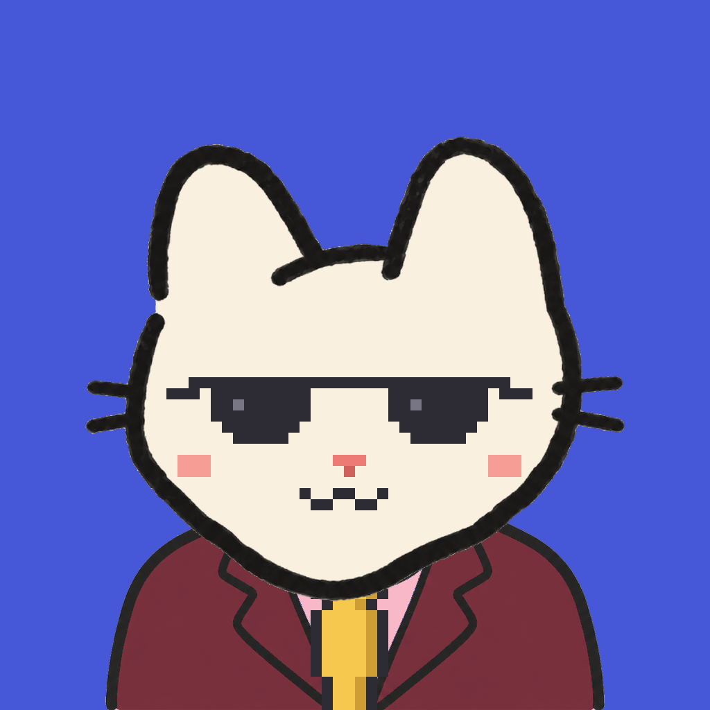 Employee #1981 — a cream cat, in a burgundy suit, with a gold tie, wearing shades glasses, on royal