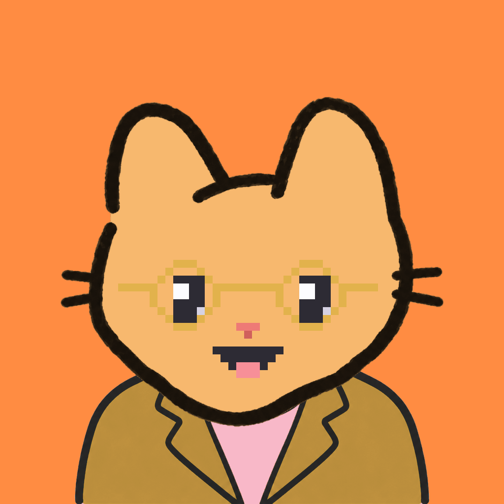 Employee #1982 — a tabby cat, in a mustard suit, wearing round-gold glasses, on tangerine