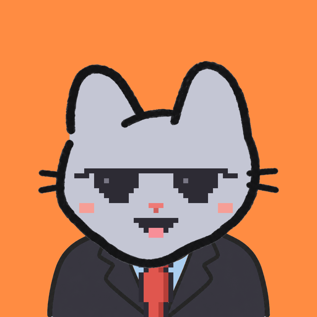 Employee #1983 — a gray cat, in a black suit, with a red tie, wearing shades glasses, on tangerine