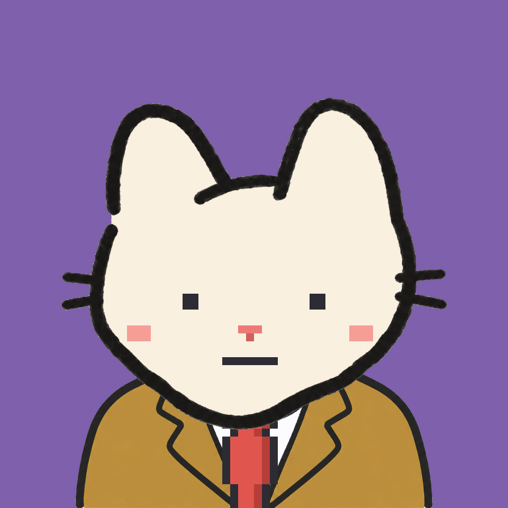 Employee #1984 — a cream cat, in a mustard suit, with a red tie, on plasma violet