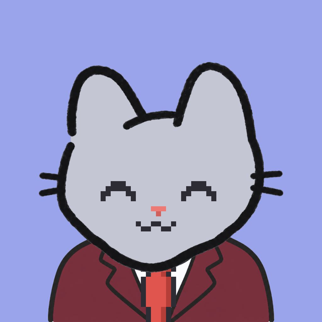 Employee #1985 — a gray cat, in a burgundy suit, with a red tie, on periwinkle