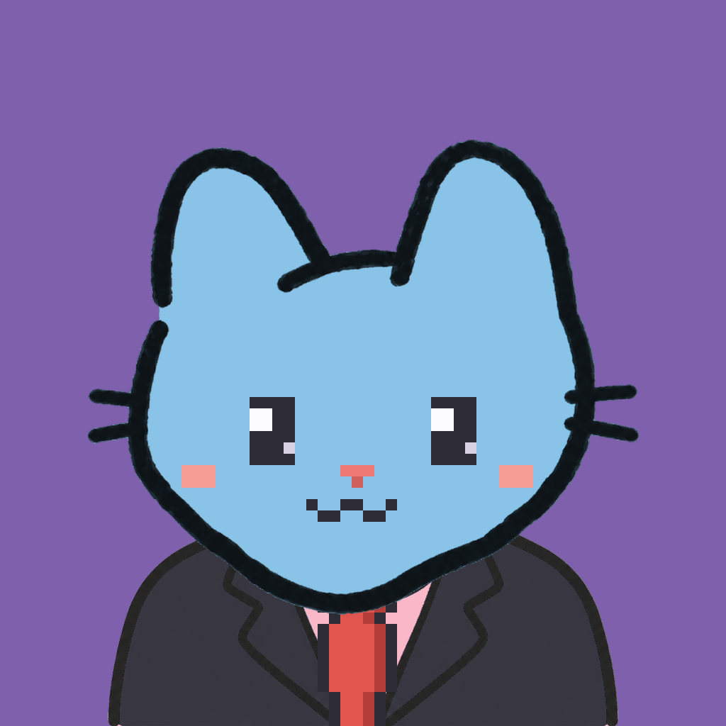 Employee #1986 — a sky cat, in a black suit, with a red tie, on plasma violet