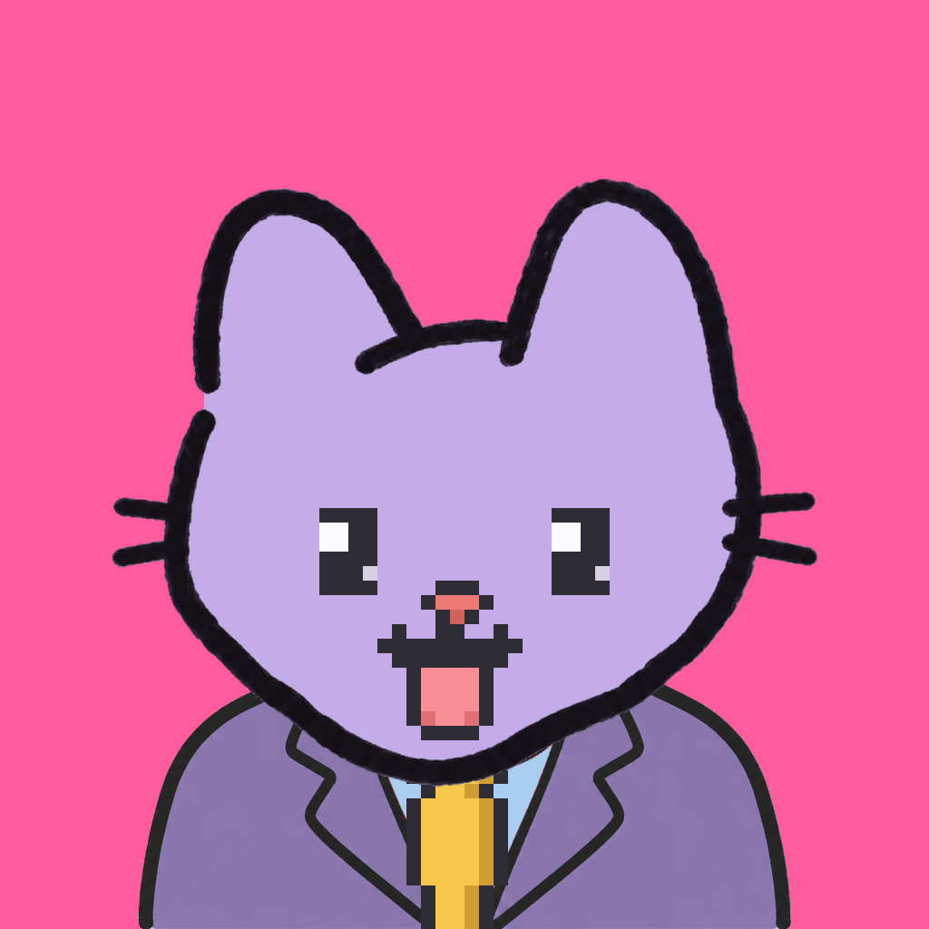 Employee #1987 — a lavender cat, in a lavender suit, with a gold tie, on hot pink